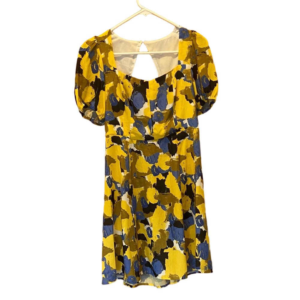 Tash & Sophie Yellow and Blue Pattern Puff Sleeve Square Neck Mini Dress Size 6